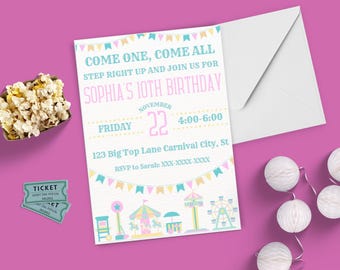 Invitación de cumpleaños de carnaval en tonos pastel, cumpleaños de circo, invitación de carnaval, fiesta de circo de carnaval, plantilla editable en tonos pastel, carnaval rosa