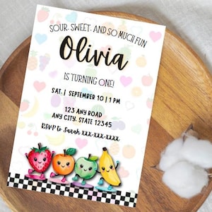 Editable Dancing Fruit Birthday Invitation Template, Sweet One Invite, 1st Birthday, Instant Digital Download first birthday Party Invite