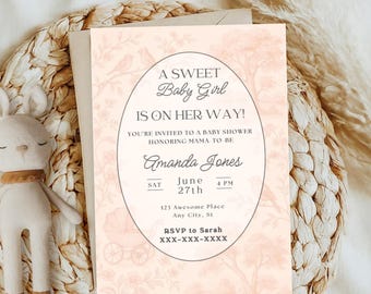Pink Floral Toile Baby Shower Invitation, A Sweet Baby Girl is On Her Way, Pink Boho, Elegant Pink French Toile Invite, Editable Template