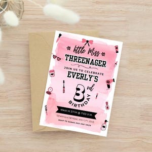 Editable  Little Miss Threenager Birthday Invitation, Printable Party Invite, Instant Digital Download, 3rd Birthday, Makeup Invitation
