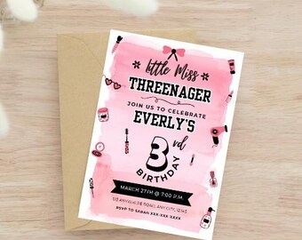 Invitación de cumpleaños editable de la pequeña señorita Threenager, invitación para fiesta imprimible, descarga digital instantánea, tercer cumpleaños, invitación de maquillaje