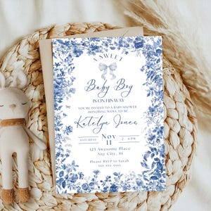 Editable Blue Toile Baby Boy Shower Invitation, Elegant Sweet Baby Boy Invite Template, Toile de Jouy, Blue Bow, 5 x 7 , INSTANT DOWNLOAD