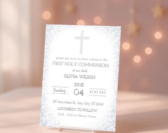 Holy Communion Invitation, Silver Glitter Invite with Cross, Religious Party, Baptism, Christian Event
