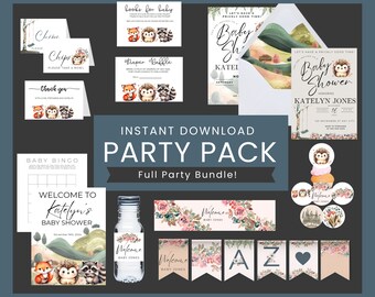 Wald-Babypartyeinladungen, bearbeitbares geschlechtsneutrales Igel-Thema, Herbst-Babyparty-Bundle, Spiele-Sign-Pack, druckbares Bundle HHBS