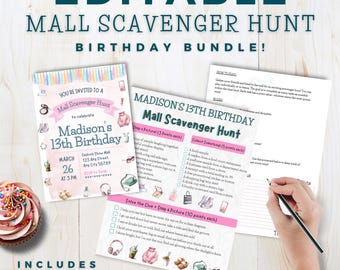Editable Mall Scavenger Hunt Birthday Party Bundle, Printable Teen Party, Selfie Challenge, Shopping Mall Game, Instant Download