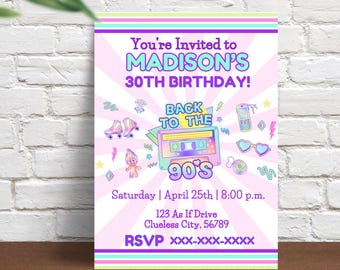 90s Throwback Birthday Party Invitation Template | Bright Retro Party | Editable 30th Birthday Invite | Instant Digital Download 30th Bday