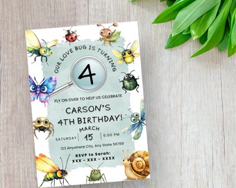 Plantilla de invitación de cumpleaños editable con bichos extravagantes, Bichos, invitación digital imprimible instantánea, tema de fiesta de insectos para niños, insectos lindos