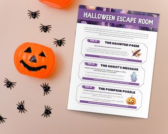 May include: A printable Halloween escape room game with three clues: "The Haunted Poem", "The Ghost's Message", and "The Pumpkin Puzzle".  The game features illustrations of a quill pen, a ghost, and a jack-o-lantern.