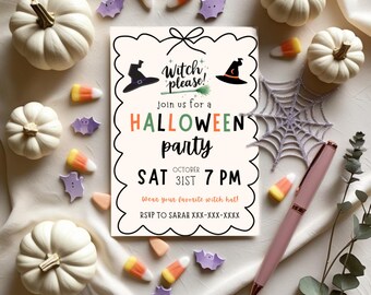 May include: A Halloween party invitation with a whimsical design. The invitation features the text "Witch please!" and "Halloween party" with decorative elements like pumpkins, candy corn, and bats. A pink pen and spiderweb are also included.