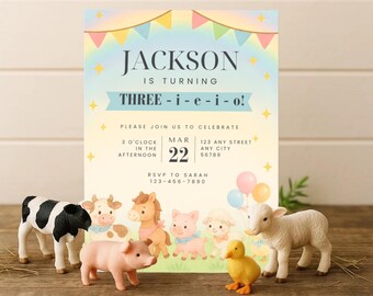 May include: A birthday invitation with the name "Jackson" and the phrase "is turning THREE - i - e - i - o!". The invitation is decorated with colorful bunting and star accents. Toy farm animals are arranged in front of the invitation.