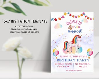 Inbjudan till 4-årsdag | Fyra evigt magiska | Enhörningar och regnbågar-fest | Redigerbar digital mall | Fyraårsfest | Flicka 4-årsdag