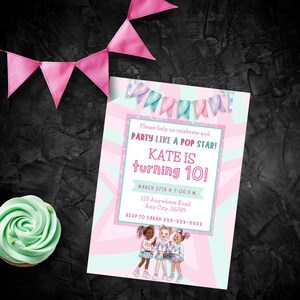 Editable Party Like a Pop Star Birthday Invitation, Karaoke Party, Dance Party Invite, Girls Invitation Template, Pastel Rock Star Invite