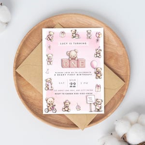 Editable Beary First Birthday Invitation Girl, Pink Teddy Bear Party Invite, Editable 1st Birthday Template, Watercolor Invite, Download