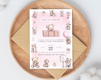 Invitation premier anniversaire Beary modifiable, invitation de fête ours en peluche rose, modèle modifiable 1er anniversaire, invitation aquarelle, téléchargement