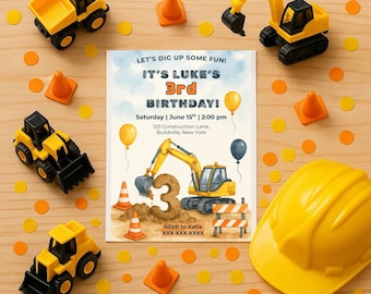 May include: A construction-themed birthday party invitation with toy construction vehicles, orange traffic cones, and yellow confetti. The invitation reads "It's Luke's 3rd Birthday!" with details for the party. A yellow hard hat is also present.