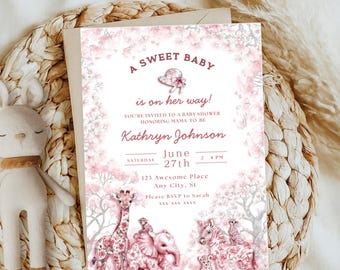 Pink Toile Safari Baby Shower Invitation, A Sweet Baby Girl is On Her Way, Pink Elegant, Pink French Toile Invite, Editable Template