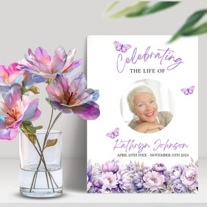 Editable Funeral Program Template, Purple Butterfly Floral, Obituary Template, Order of Service, Celebration of Life, Memorial Service FPB3