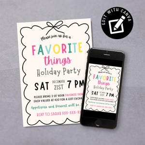 Favorite Things Party Invitation Bow, Editable Favorite Things Holiday Template, Girls Gift Exchange, Phone Digital Printable, Canva Edit