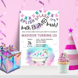 Invito per festa con bombe da bagno modificabile, invito per festa di compleanno con bombe da bagno Splish Splash, download digitale immediato, invito per compleanno alla spa, Lush Party