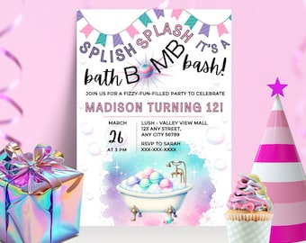 Convite editável para festa com bomba de banho, convite de aniversário para festa com bomba de banho Splish Splash, download digital instantâneo, convite de aniversário para spa, festa Lush