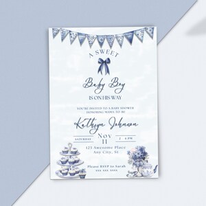Editable Baby Boy Shower Invitation, Blue Toile Invite, Blue Baby Shower Invite, A Sweet Baby Boy, Toile de Jouy, INSTANT DOWNLOAD