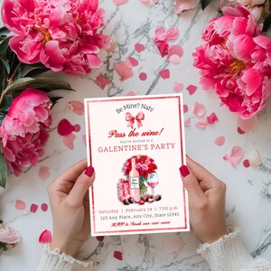 Galentine&#39;s uitnodigingssjabloon, Valentijnsfeestje uitnodigen, instant digitale download, Girls Night, Bow Favorite Things-feestje, Wine Night