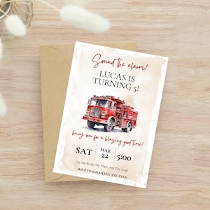 Firetruck Birthday Invitation, Fireman Birthday, Editable Digital Template, Printable Kids Party Invite, Instant Download, Boys Birthday