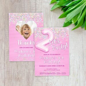 Faire-part d'anniversaire rose scintillant, carte de remerciement assortie incluse, modèle modifiable, téléchargement numérique instantané, 2e anniversaire d'invitation, toile