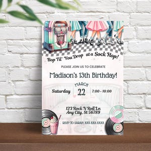 Sock Hop Party Einladung bearbeitbar, 1950er Jahre Party einladen, Retro Diner, sofortiger digitaler Download, Rock and Roll Thema, Shake Rattle and Roll