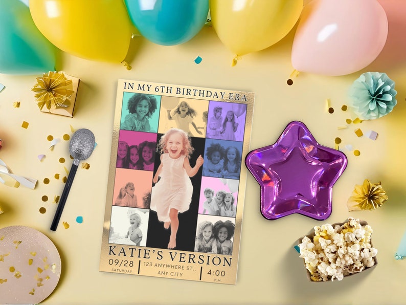 May include: A colorful birthday party invitation with a collage of photos of a young girl. The invitation says "In my 6th Birthday Era" and "Katie's Version" with the date, time, and location.