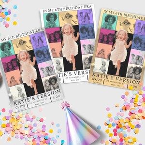 May include: A colorful birthday party invitation with a collage of photos of a young girl. The invitation is decorated with a gold border and the text "IN MY 6TH BIRTHDAY ERA" and "KATIE'S VERSION".