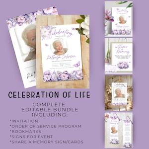 Editable Funeral Bundle Templates, Funeral Program Template, Memorial Service Templates, Celebration of Life Posters, Purple Butterfly, FPB3