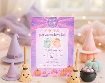 May include: A Halloween-themed invitation with the text "Ghouls just wanna have fun!" features three cartoon ghosts. Decorative elements include witch hats, pumpkins, a cauldron, and smiling broomsticks. The invitation is 5 x 7 inches.