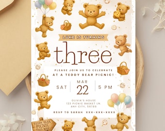 Teddybär-Picknick-Geburtstags-Einladung, bearbeitbare Geburtstagseinladung, Aquarell-Bär-Party-Vorlage, druckbares Picknick-Thema für Kinder, Canva