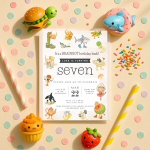 May include: A birthday party invitation with the text "It's a BRAINROT birthday bash!" and "LUKE IS TURNING seven." The invitation is surrounded by colorful toy food and confetti. A straw and a cupcake are also visible.