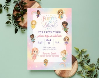 Plantilla de invitación de cumpleaños de hadas, arcoíris pastel, Canva editable, fiesta de jardín de hadas encantado, hada primero, invitación caprichosa de acuarela