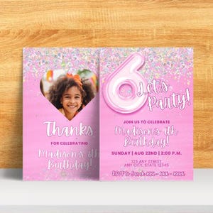 Sparkly Pink Birthday Invitation, Matching Thank You Card Included, Editable Template, Instant Digital Download, 6th Birthday Invite, Canva