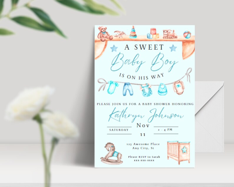 Sweet Baby Boy Shower Invitation, Blue Turquoise Baby Shower Invite