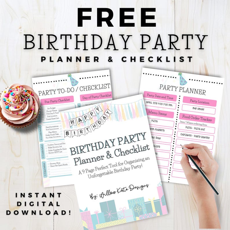 May include: A digital download featuring a birthday party planner and checklist. The design includes a cupcake with colorful sprinkles, party planning pages, and the text "FREE BIRTHDAY PARTY PLANNER & CHECKLIST".