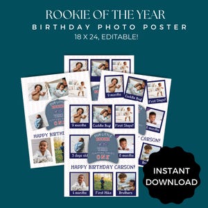 Rookie Year First Birthday Photo Poster, Baseball Theme Sign, Sports Party, 1st Birthday, Red White and Blue, Photo Board, Birthday Photos