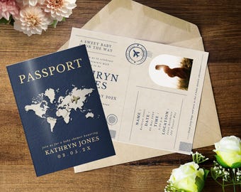 Passport Invitation Template, Baby Shower, Travel Themed Party Invite, Editable Canva, Bridal Shower, Printable passport, Canva