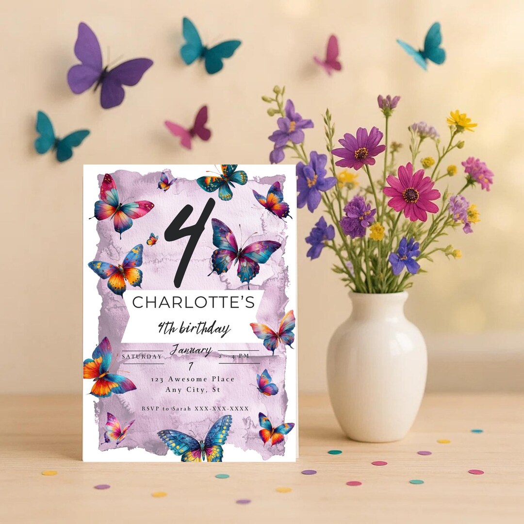 Vibrant Butterfly Invitation Template, Printable Invite, Instant ...