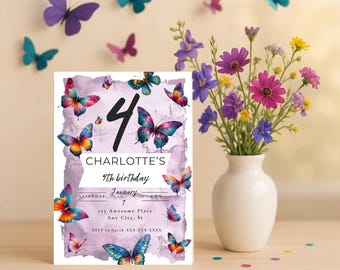 May include: A birthday invitation with a butterfly theme. The invitation features a watercolor background and colorful butterflies. The text reads "CHARLOTTE'S 4th birthday" with the date and location. A white vase with flowers and paper butterflies are also in the image.