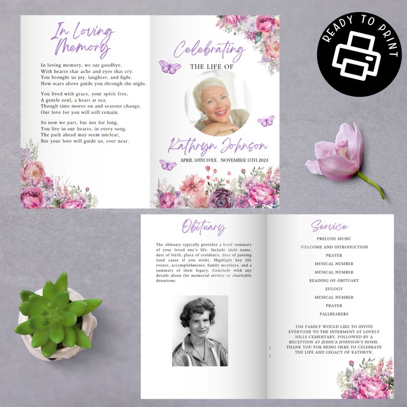 Editable Funeral Program Template, Purple Butterfly Floral, Obituary