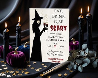 May include: A Halloween party invitation with a witch illustration holding wine glasses. The invitation reads "Eat, Drink, & Be Scary" with event details. Black candles, velvet pumpkins, and gold stars decorate the scene, creating a spooky atmosphere.