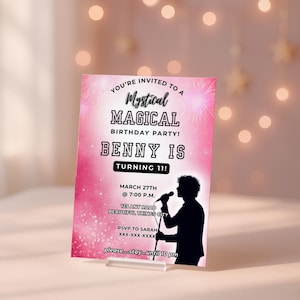 May include: A pink invitation card with the text "You're Invited to a Mystical Magical Birthday Party! Benny is Turning 11!" A silhouette of a person holding a microphone is on the right. The card includes event details.