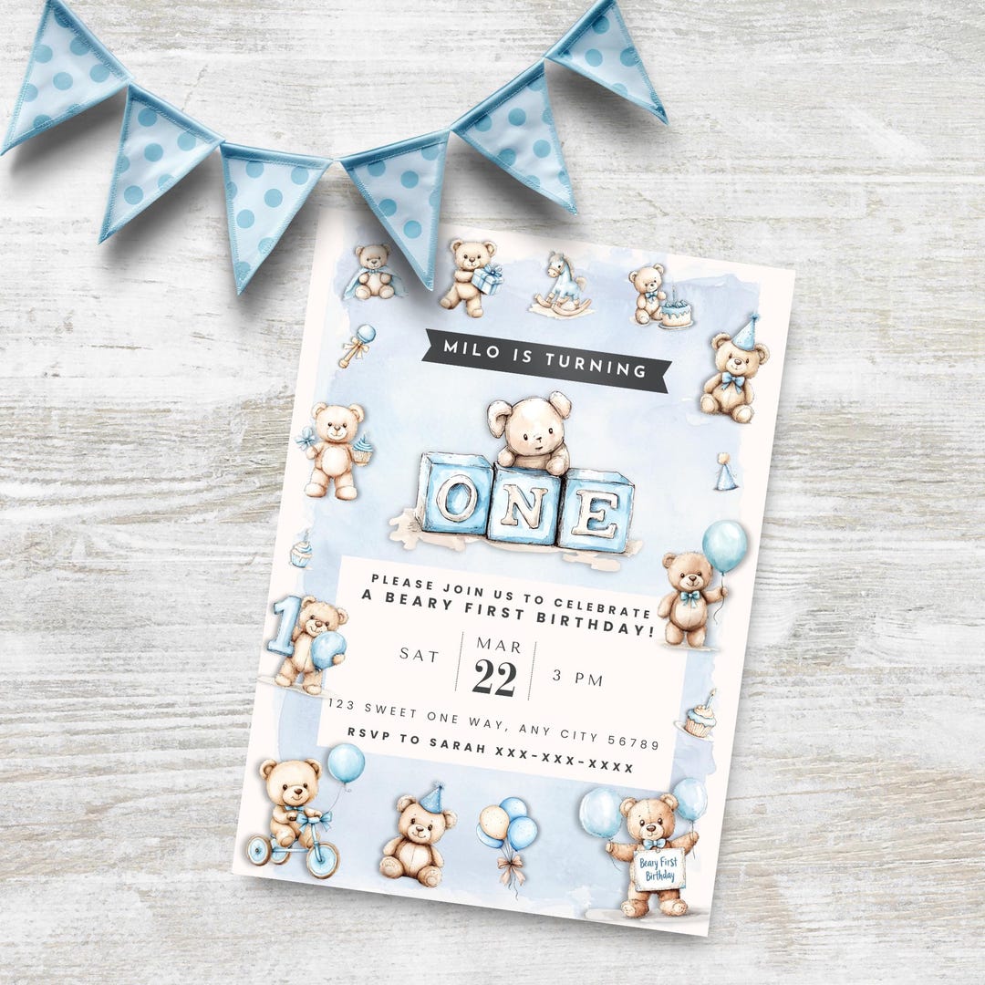 Editable Beary First Birthday Invitation Boy, Blue Teddy Bear Party ...