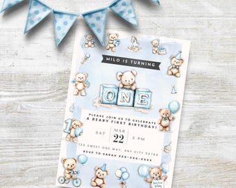 Edytowalne zaproszenie na pierwsze urodziny Beary Boy, zaproszenie na imprezę Blue Teddy Bear, edytowalny szablon na pierwsze urodziny, urocze zaproszenie akwarelowe, pobierz