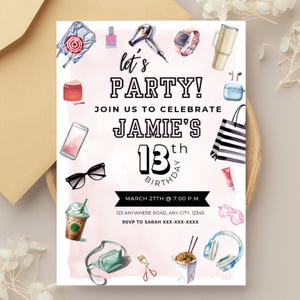 Invitación de cumpleaños editable y moderna para adolescentes, invitación para fiesta preadolescente, descarga digital instantánea, plantilla de invitación Canva, temática de fiesta femenina