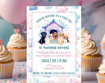 Invitación editable para fiesta de adopción de cachorros, plantilla de invitación para fiesta, cumpleaños con temática de perros, cachorros lindos, invitación colorida, descarga instantánea